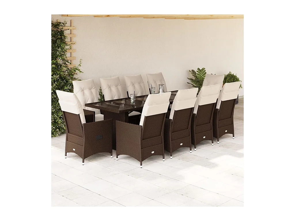 Set Bistrò da Giardino 11 pz con Cuscini in Polyrattan Marrone