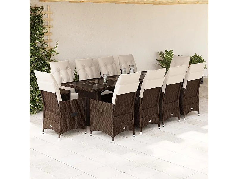 11 pcs conj. de bistrô p/ jardim c/ almofadões vime PE castanho