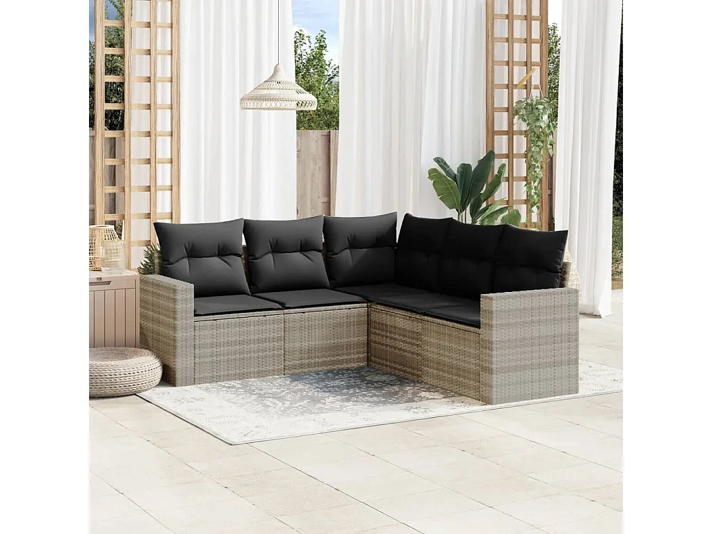 5-tlg. Garten-Sofagarnitur mit Kissen Hellgrau Poly Rattan