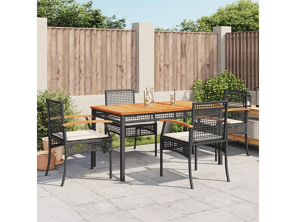 5 pcs conjunto de jantar p/ jardim c/ almofadões vime PE preto