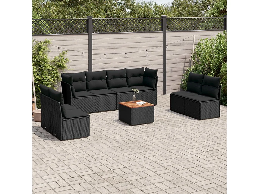 9-tlg. Garten-Sofagarnitur mit Kissen Schwarz Poly Rattan