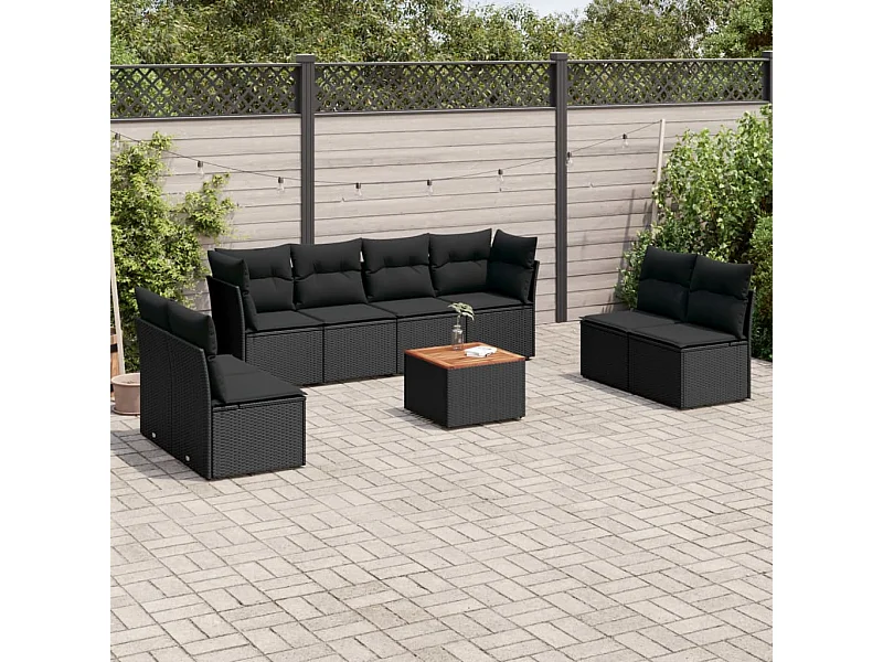 9-tlg. Garten-Sofagarnitur mit Kissen Schwarz Poly Rattan