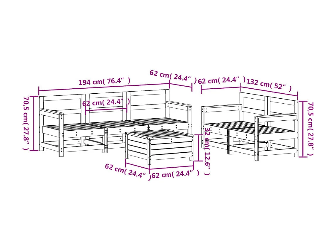 Salon de jardin 6 pcs bois de pin massif