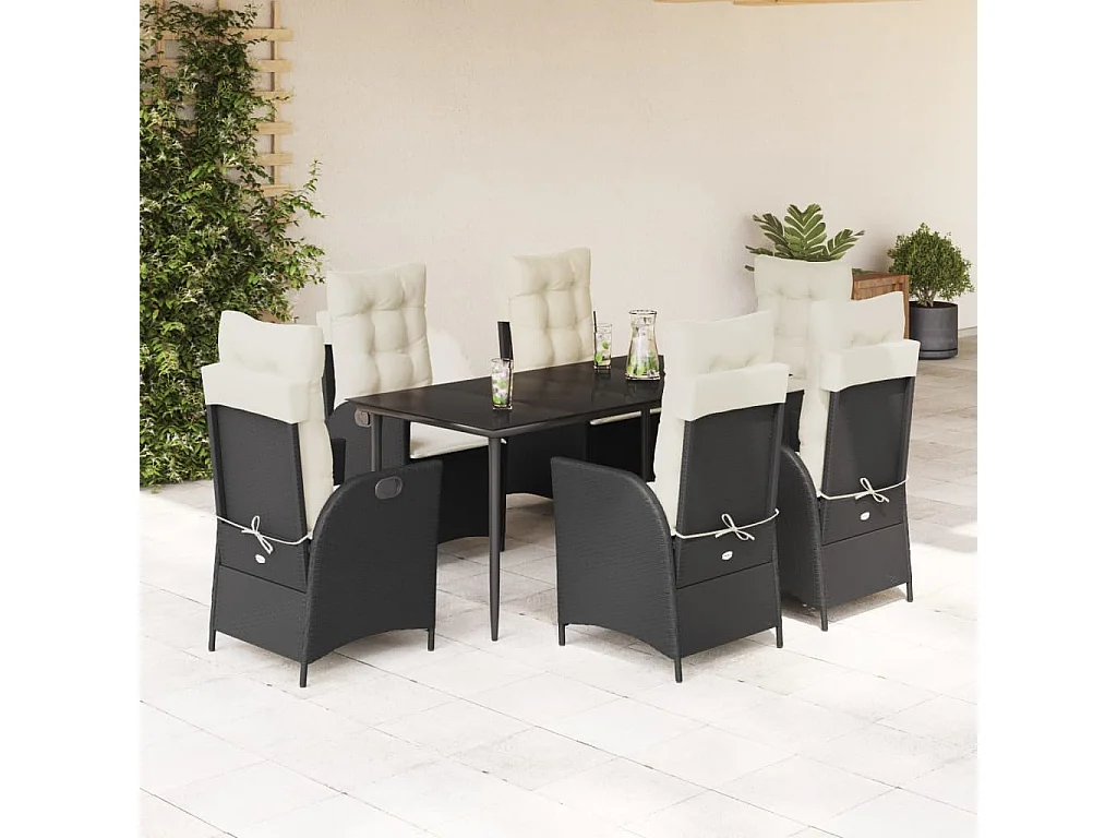 Set da Pranzo da Giardino 7 pz Nero con Cuscini in Polyrattan