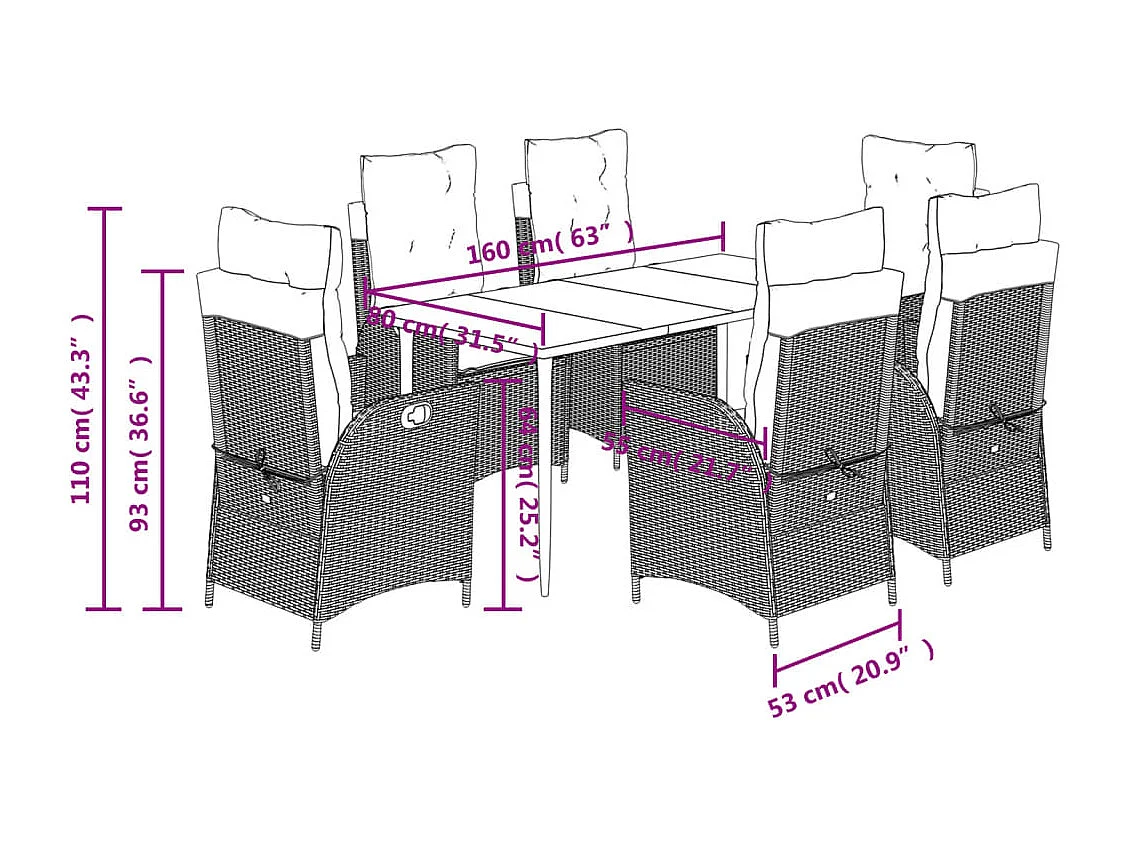Set da Pranzo da Giardino 7 pz Nero con Cuscini in Polyrattan