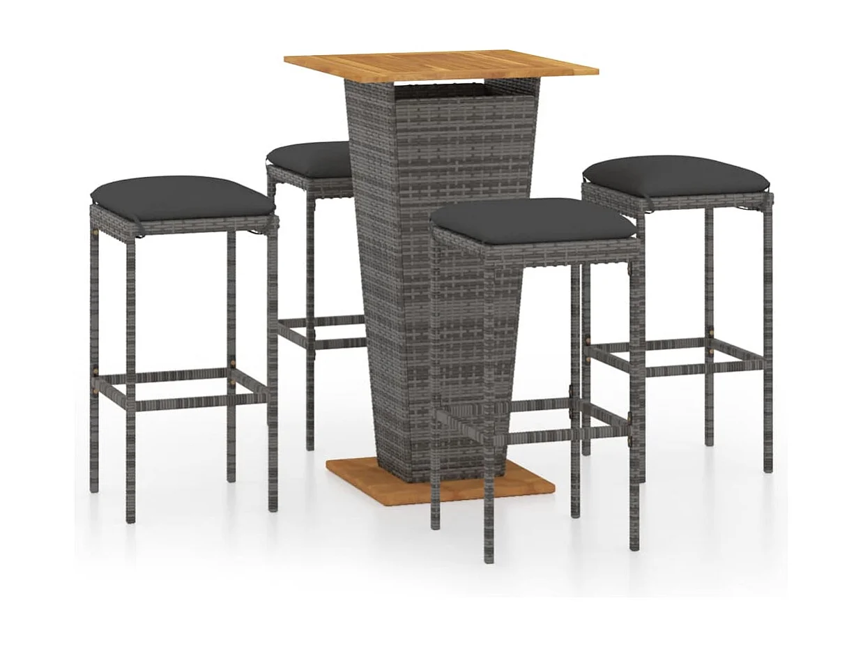 5-tlg. Gartenbar-Set mit Kissen Poly Rattan Grau