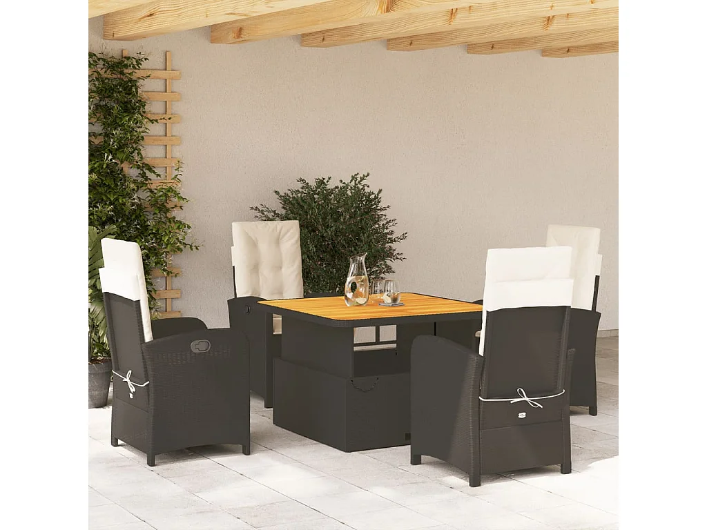Set da Pranzo da Giardino 5 pz Nero con Cuscini in Polyrattan
