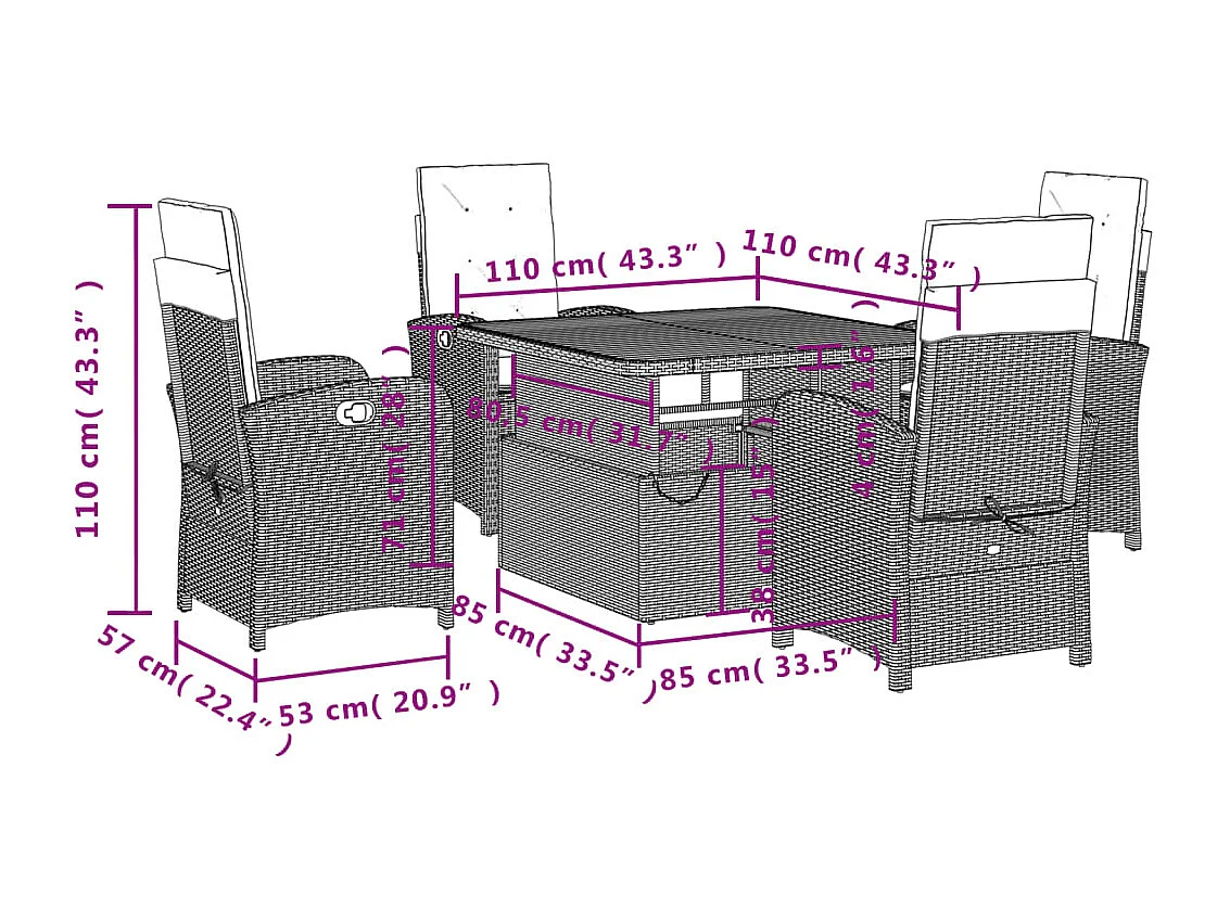 Set da Pranzo da Giardino 5 pz Nero con Cuscini in Polyrattan