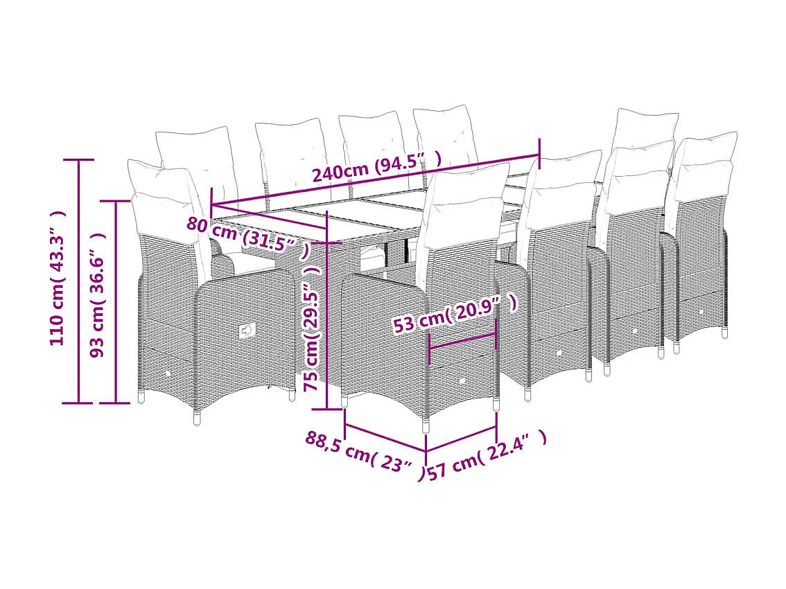 Set da Bistrò da Giardino 11 pz con Cuscini Nero in Polyrattan