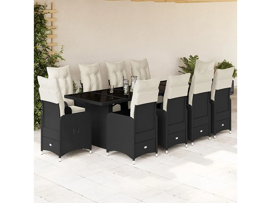 11 pcs conjunto de bistrô p/ jardim c/ almofadões vime PE preto