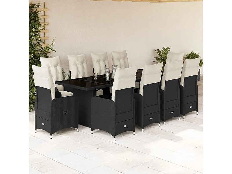 11 pcs conjunto de bistrô p/ jardim c/ almofadões vime PE preto