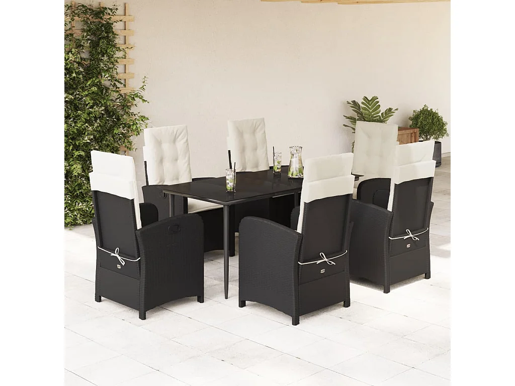 Set da Pranzo da Giardino 7 pz Nero con Cuscini in Polyrattan