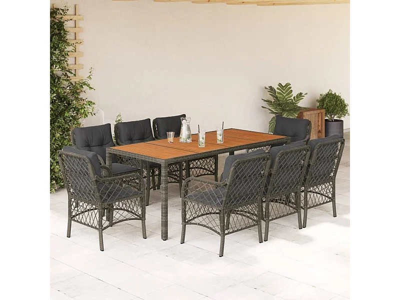 9 pcs conjunto de jantar p/ jardim c/ almofadões vime PE cinza