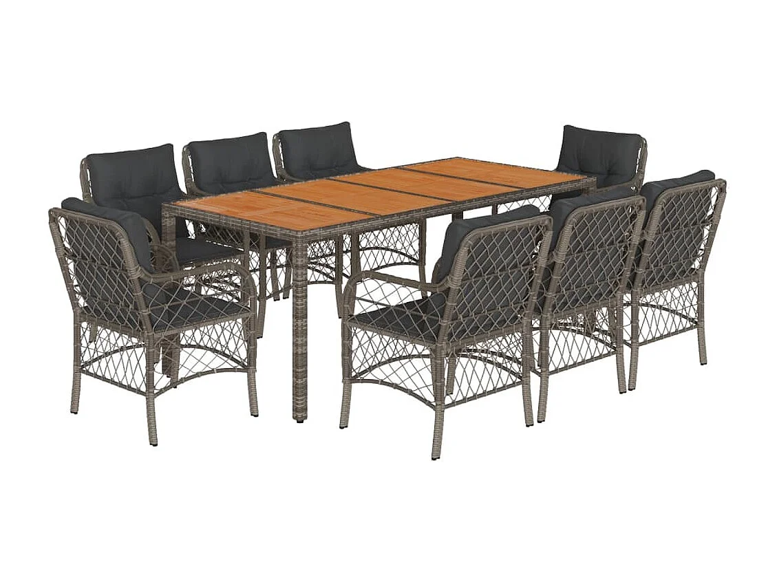 9 pcs conjunto de jantar p/ jardim c/ almofadões vime PE cinza