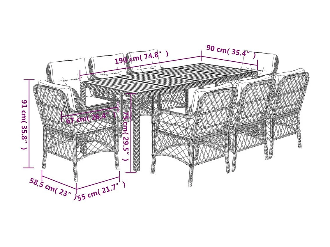 9 pcs conjunto de jantar p/ jardim c/ almofadões vime PE cinza