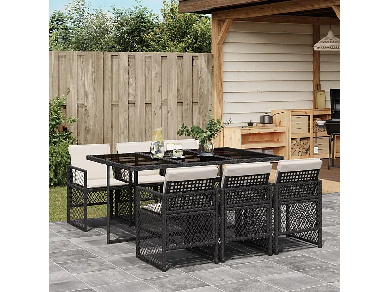 Ensemble à manger de jardin coussins 7 pcs noir résine tressée