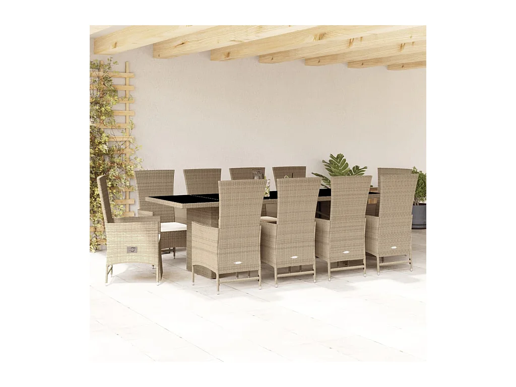11 pcs conjunto de jantar p/ jardim com almofadões vime PE bege