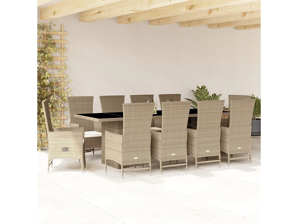 Set da Pranzo da Giardino 11 pz con Cuscini Beige in Polyrattan