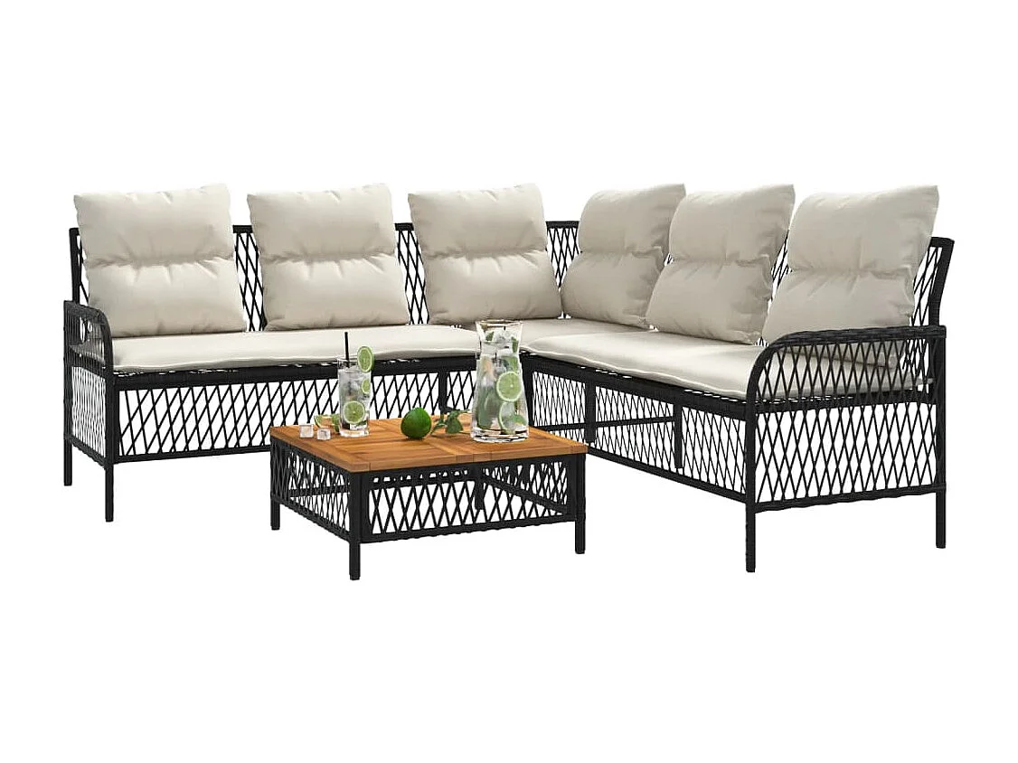 2 pcs conjunto sofás de jardim com almofadões vime PE preto