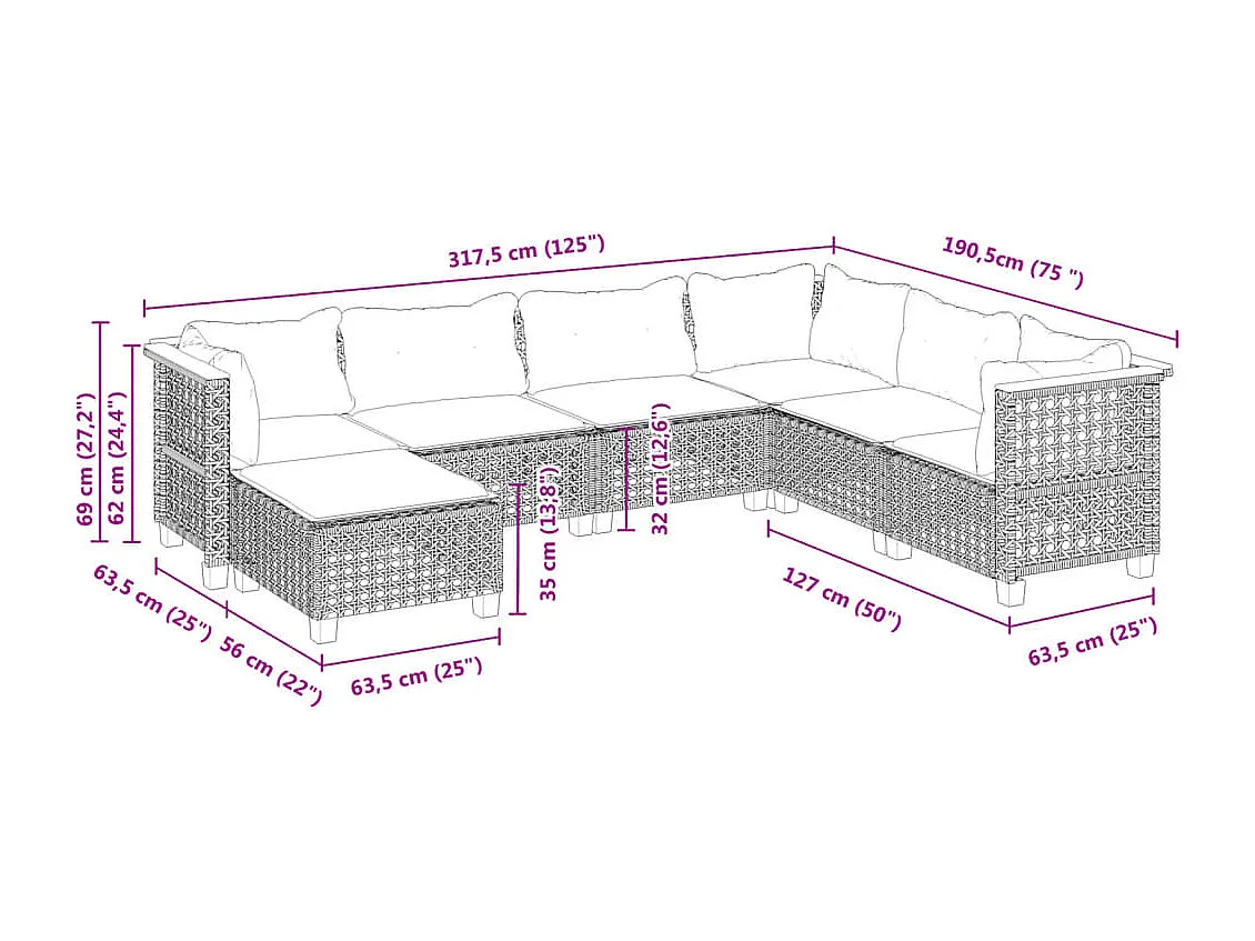 Set de sofás de jardín 7 pzas con cojines ratán sintético negro