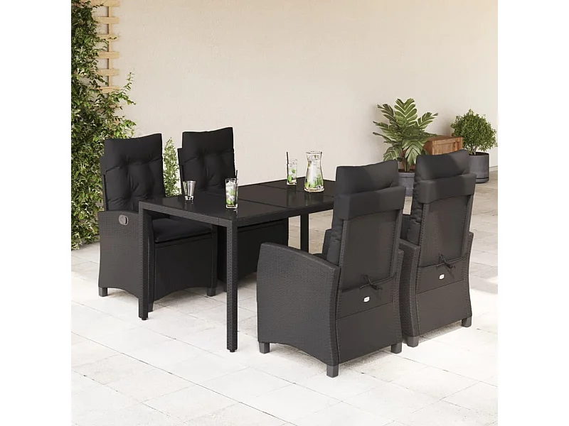 5-tlg. Garten-Essgruppe mit Kissen Schwarz Poly Rattan