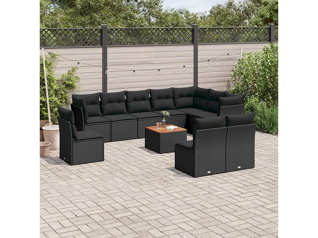 11-tlg. Garten-Sofagarnitur mit Kissen Schwarz Poly Rattan