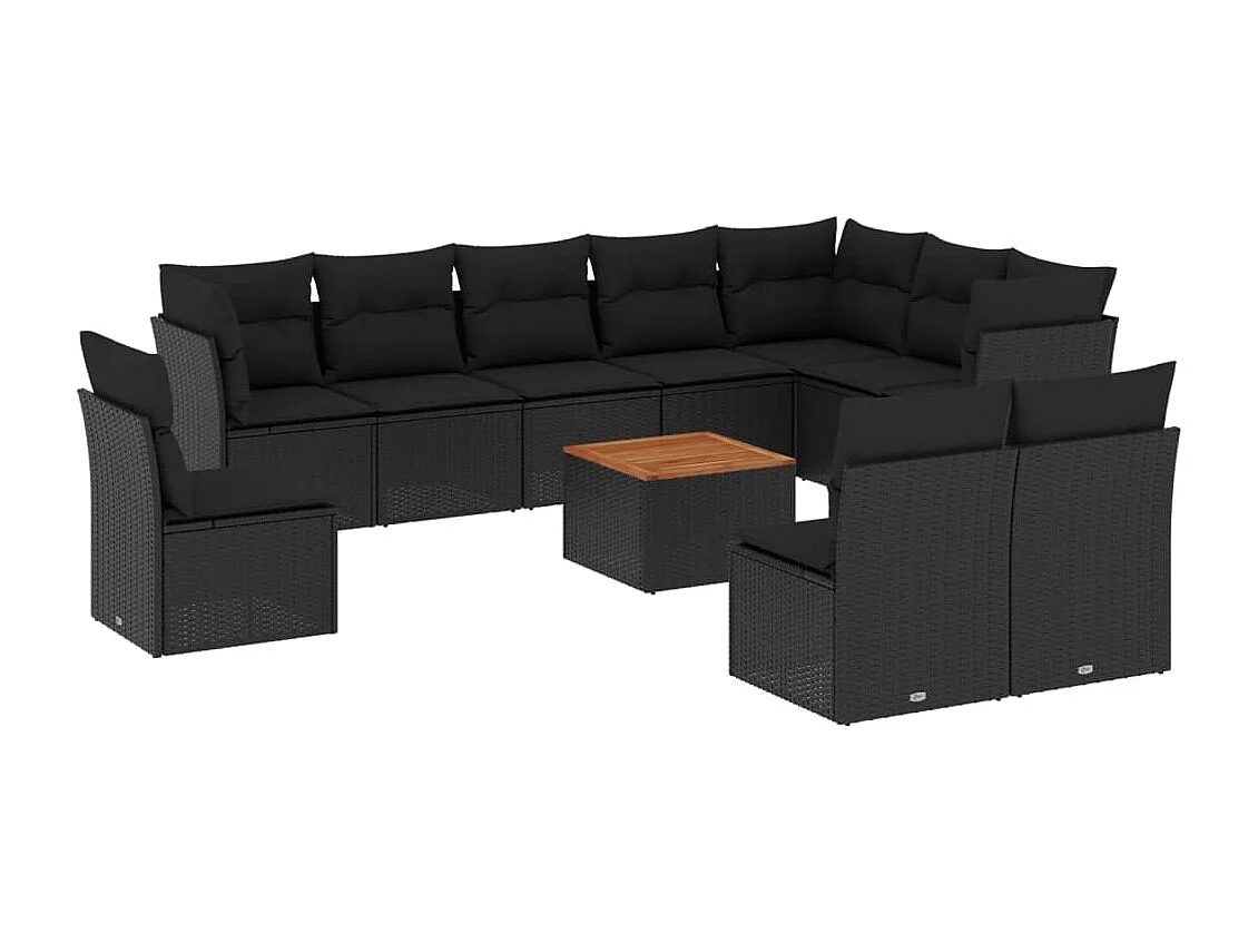 11-tlg. Garten-Sofagarnitur mit Kissen Schwarz Poly Rattan