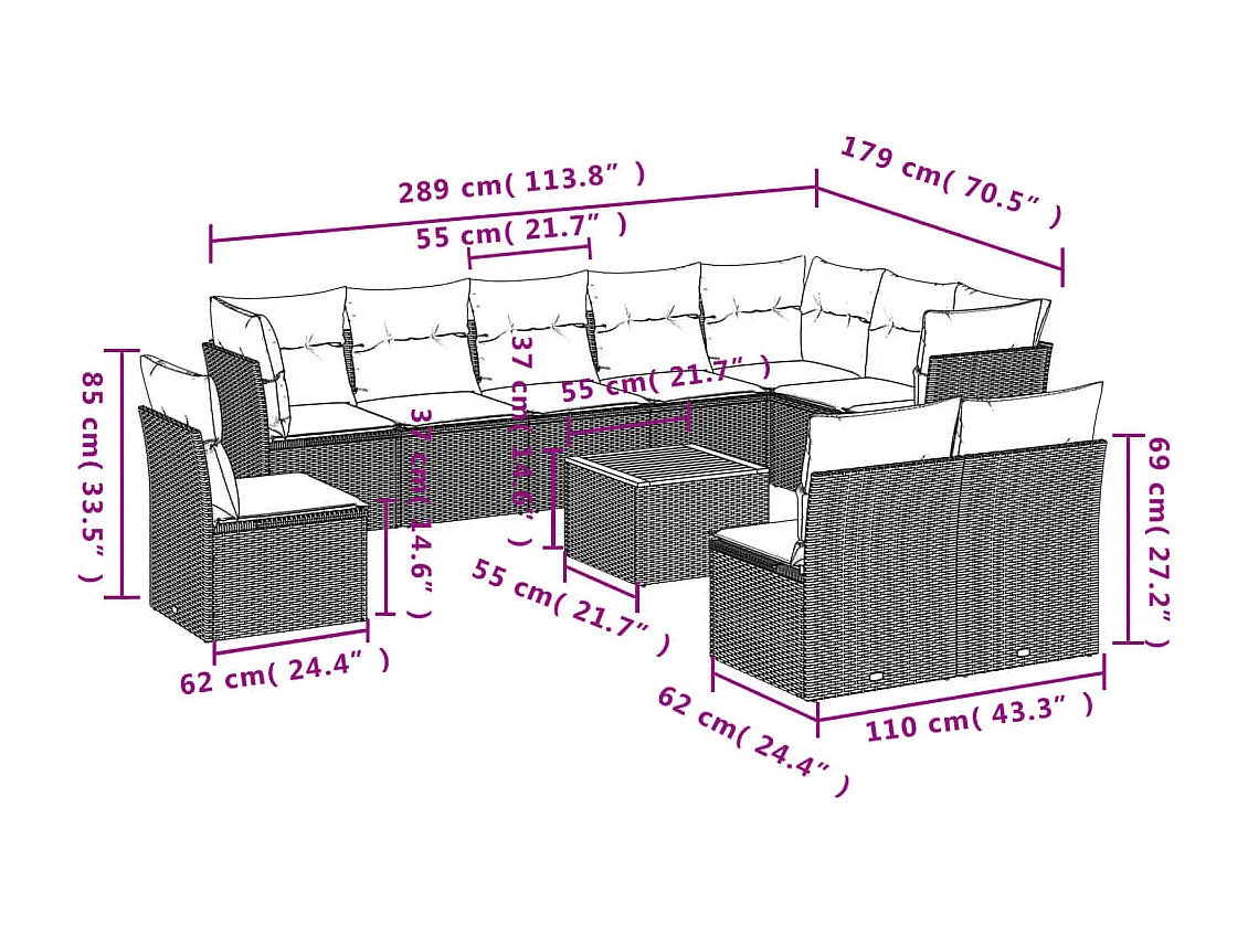 11-tlg. Garten-Sofagarnitur mit Kissen Schwarz Poly Rattan