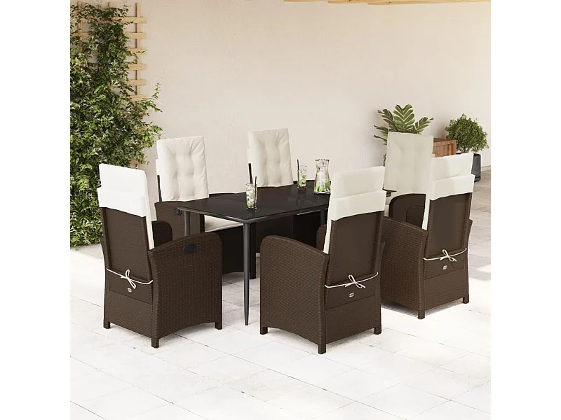 Set da Pranzo da Giardino 7pz con Cuscini in Polyrattan Marrone