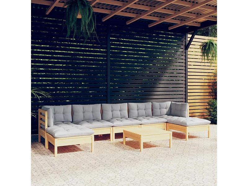 Salon de jardin 8 pcs avec coussins gris Bois de pin