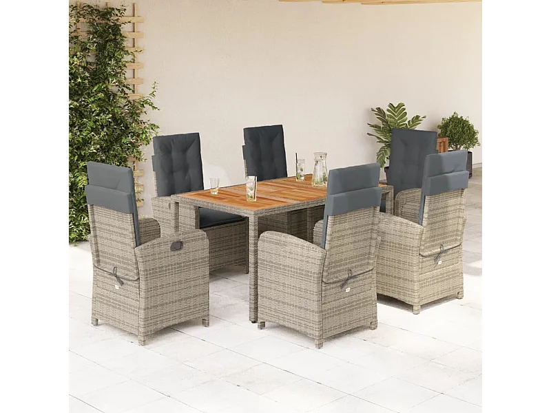 Set comedor jardín 7 pzas y cojines ratán sintético gris