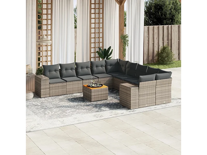 Salon de jardin 11 pcs avec coussins gris résine tressée