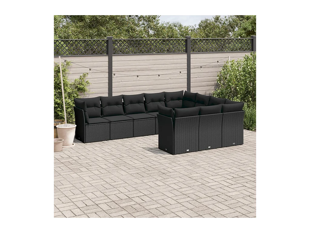 10-delige Loungeset met kussens poly rattan zwart