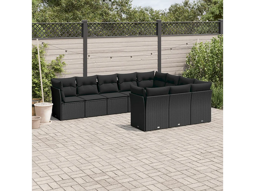 Set Divani da Giardino 10pz con Cuscini in Polyrattan Nero