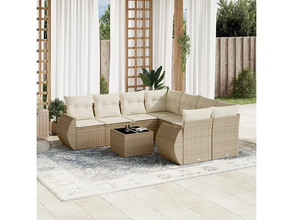 Salon de jardin avec coussins 9 pcs beige résine tressée