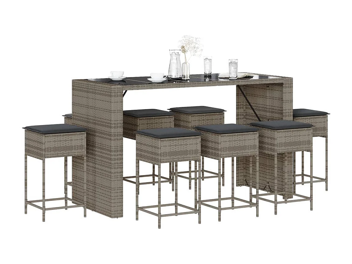 9-tlg. Gartenbar-Set mit Kissen Grau Poly Rattan