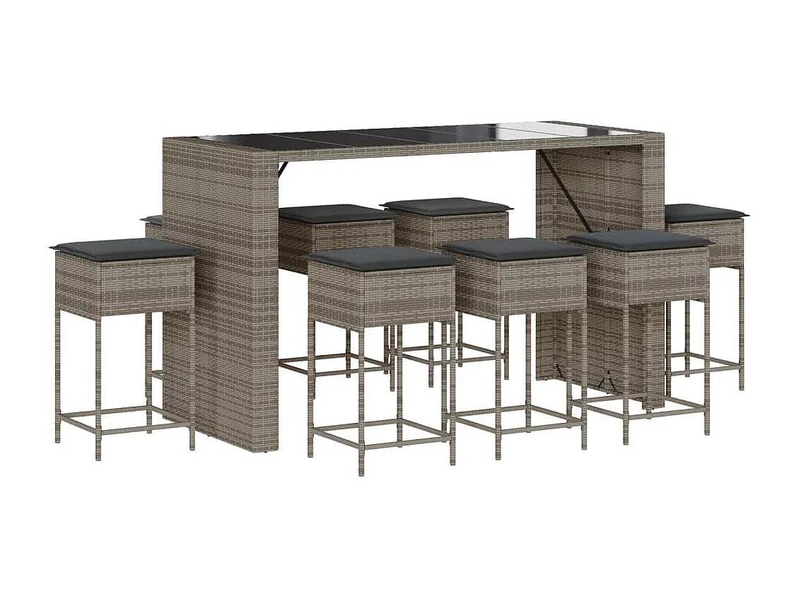9-tlg. Gartenbar-Set mit Kissen Grau Poly Rattan