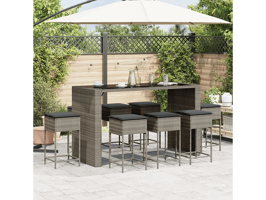 9-tlg. Gartenbar-Set mit Kissen Grau Poly Rattan