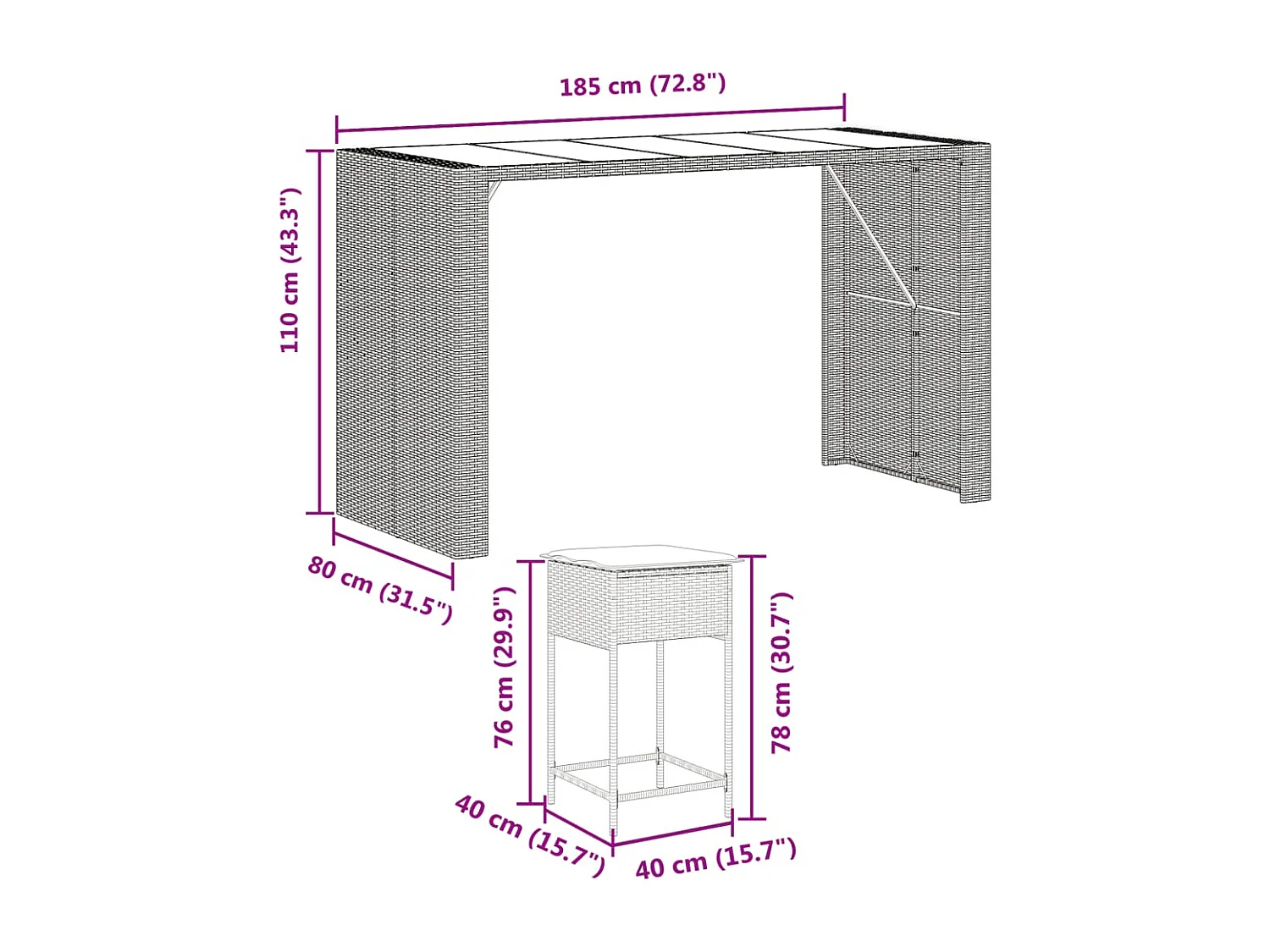 9-tlg. Gartenbar-Set mit Kissen Grau Poly Rattan