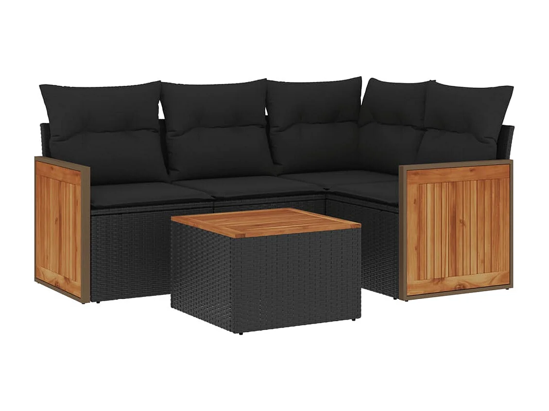 5-delige Loungeset met kussens poly rattan zwart