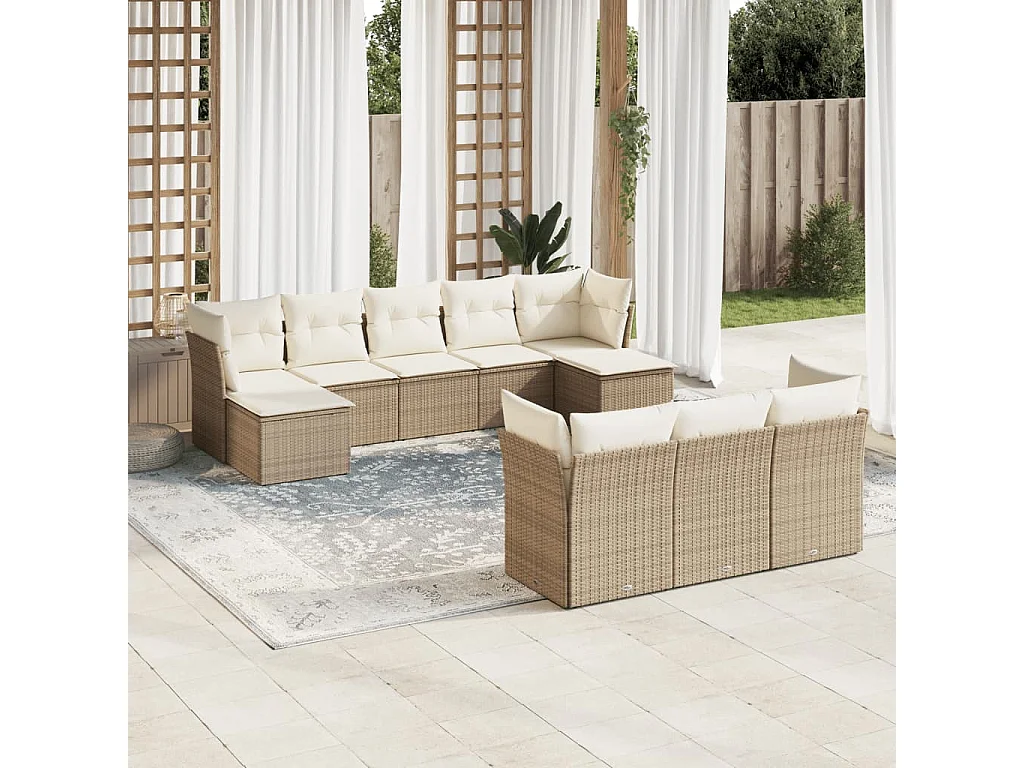 10-delige Loungeset met kussens poly rattan beige