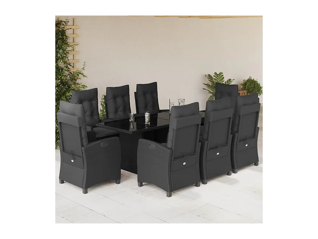 Set de comedor de jardín 9 pzas y cojines ratán sintético negro