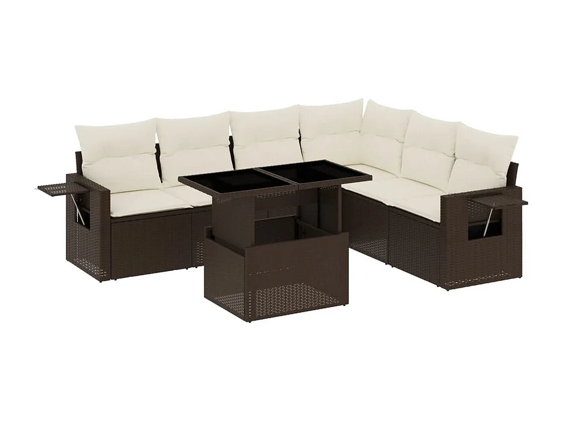 Salon de jardin avec coussins 7 pcs marron résine tressée