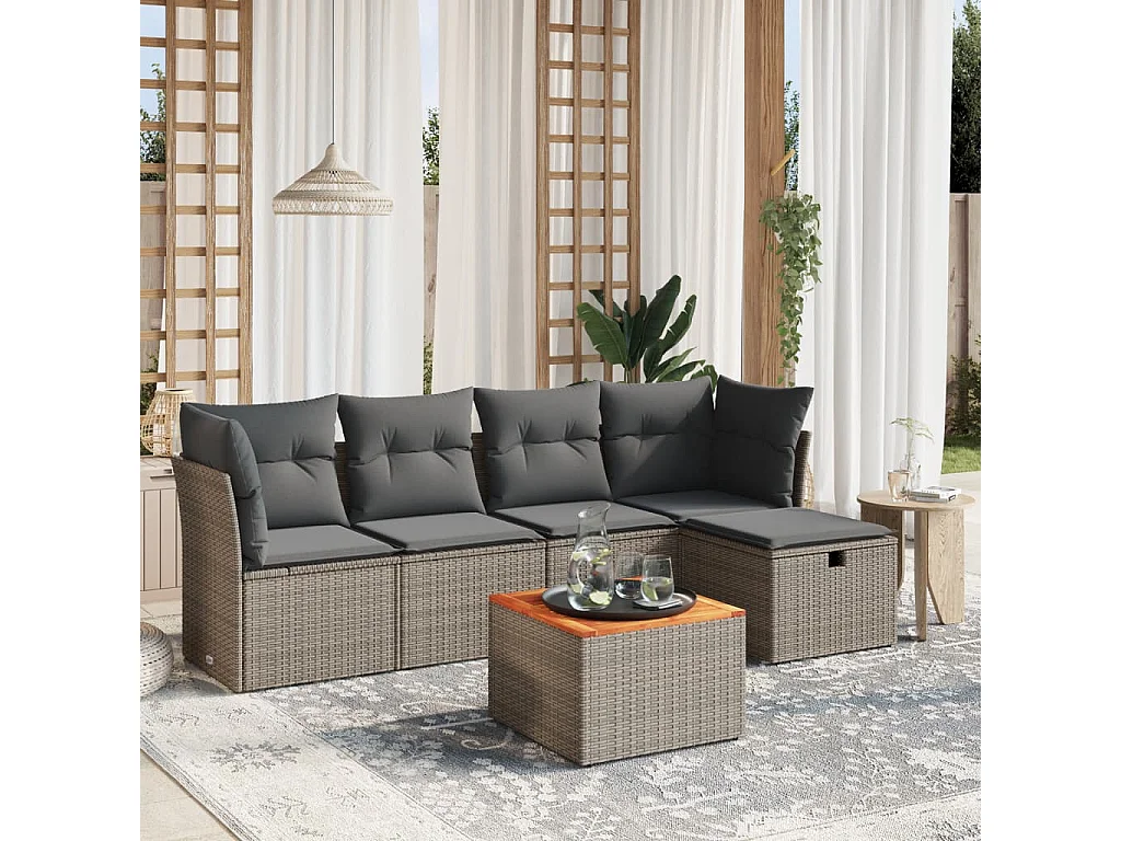 Salon de jardin 6 pcs avec coussins gris résine tressée