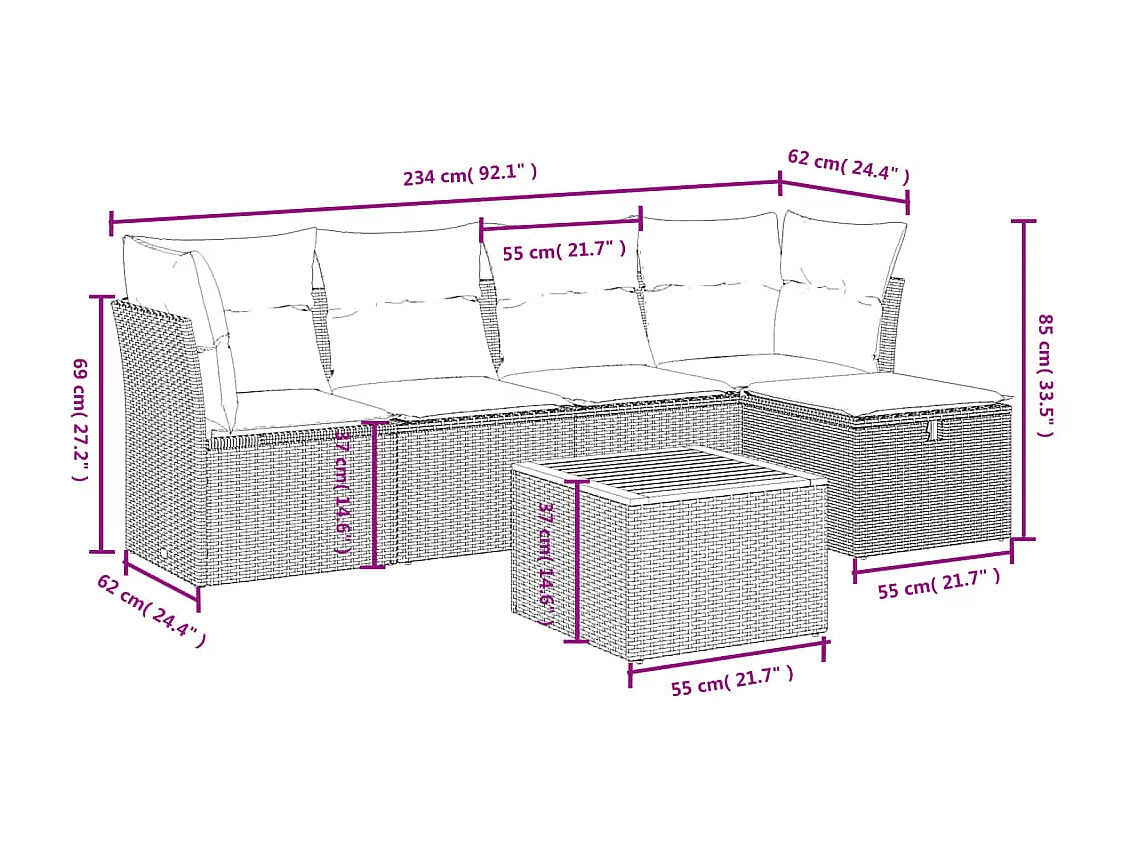Salon de jardin 6 pcs avec coussins gris résine tressée