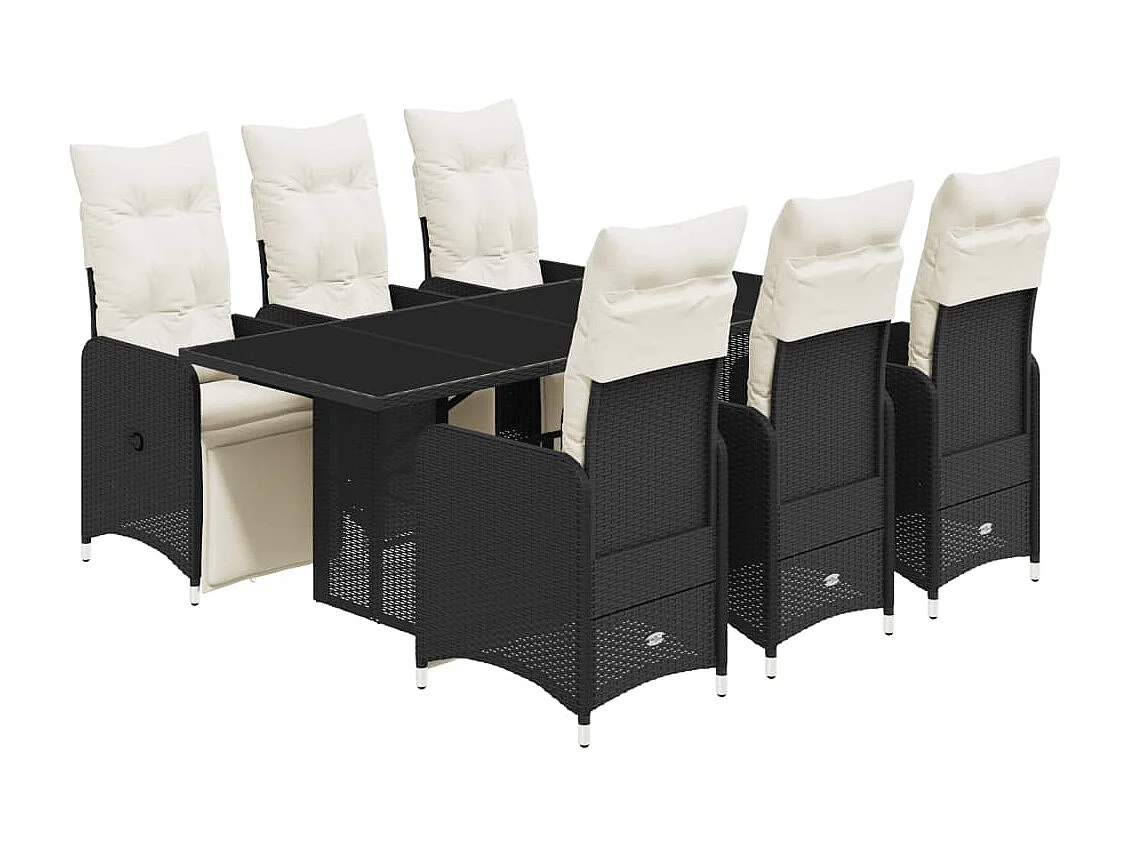 7 pcs conjunto de bistrô p/ jardim c/ almofadões vime PE preto