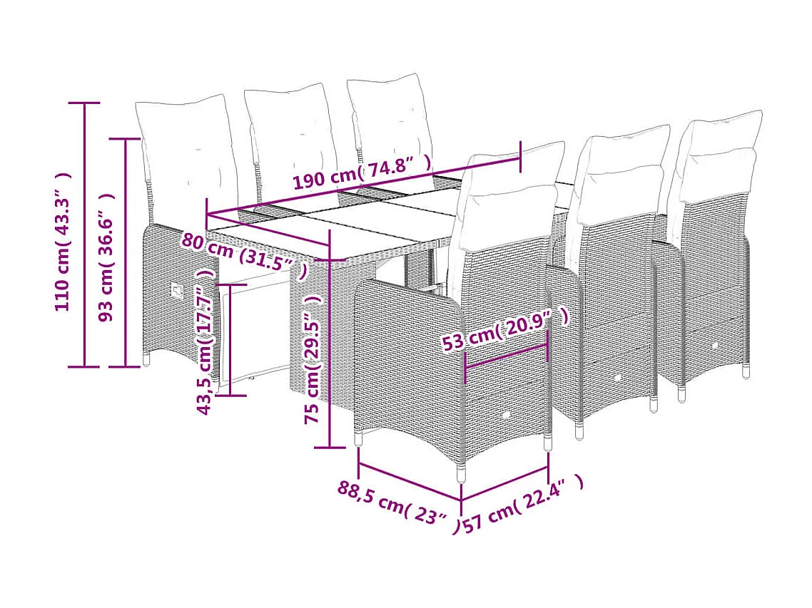 7 pcs conjunto de bistrô p/ jardim c/ almofadões vime PE preto