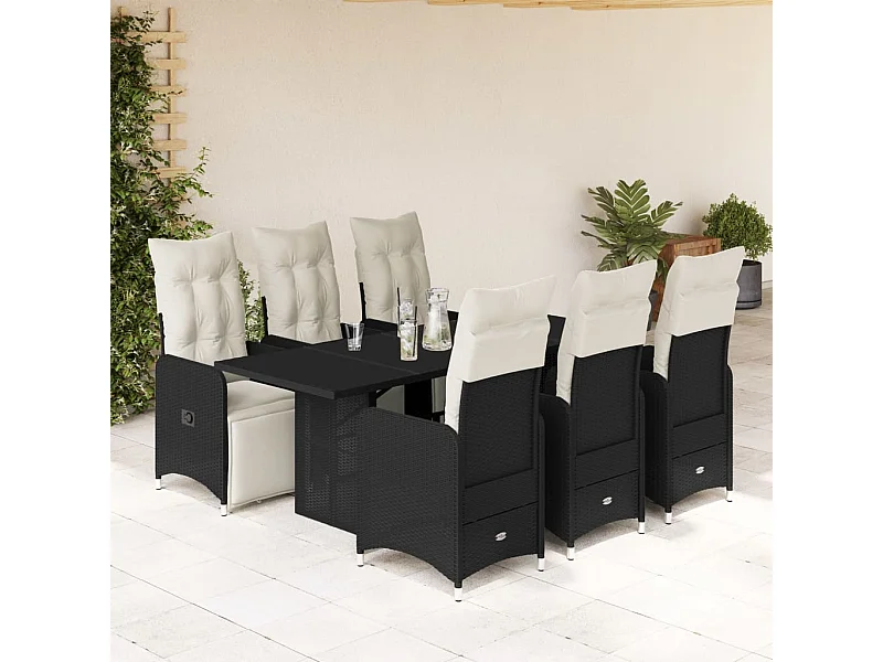 7 pcs conjunto de bistrô p/ jardim c/ almofadões vime PE preto