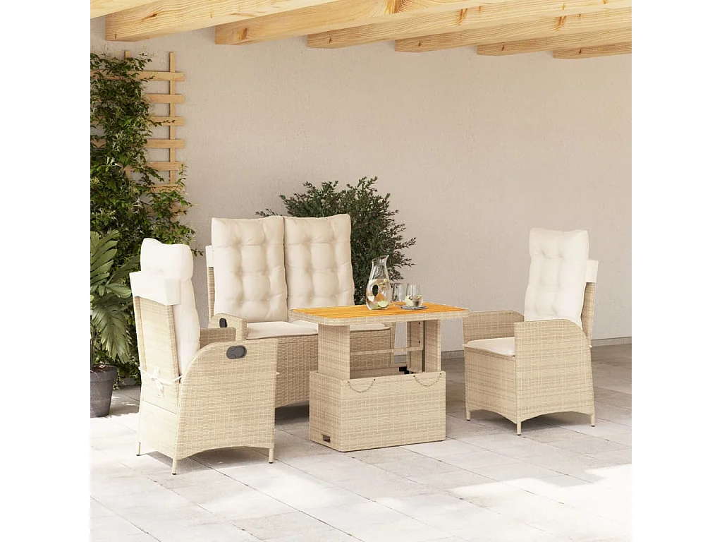 Ensemble à manger de jardin coussins 4 pcs beige résine tressée