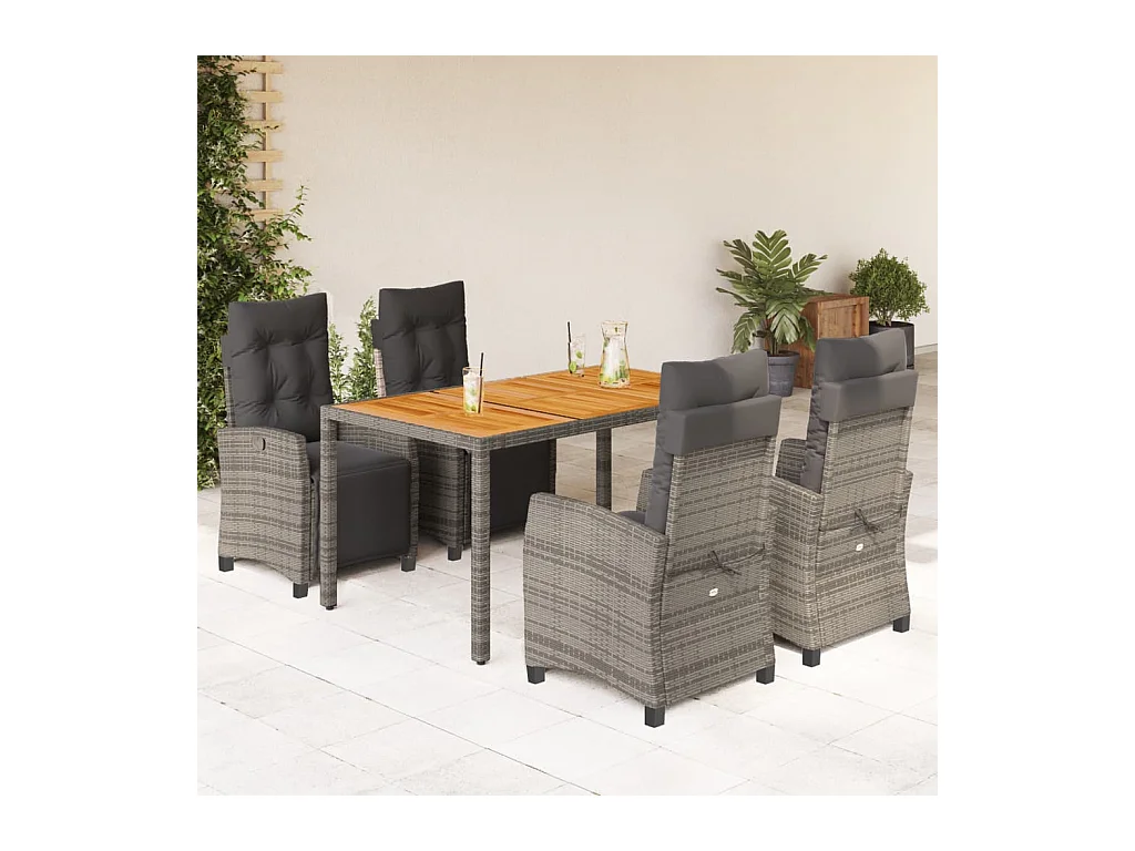 Set da Pranzo da Giardino 5 pz con Cuscini in Polyrattan Grigio